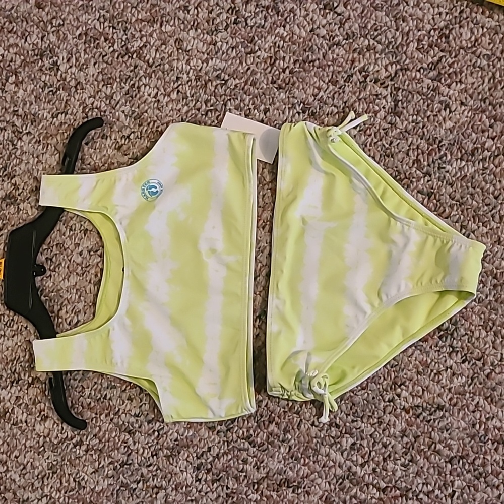 HANG TEN BRAND GIRLS LIME GREEN AND WHITE 2 PIECE BATHING SUIT SIZE LARGE